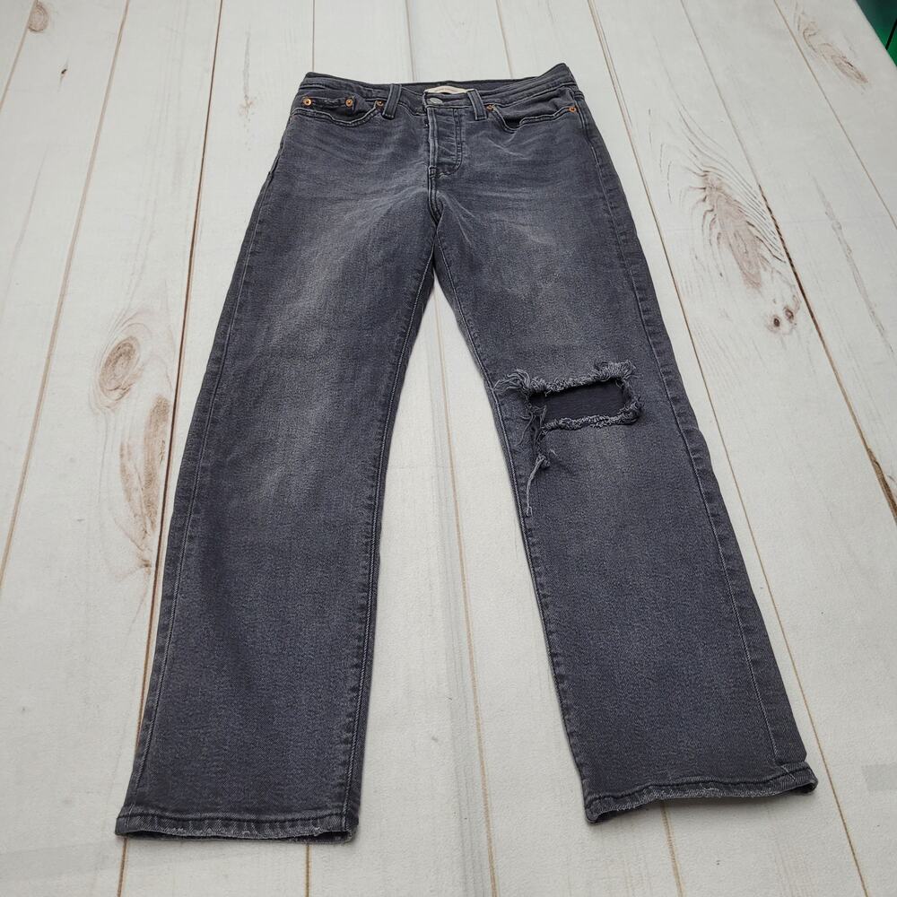 Levis wedgie straight jeans high rise stretch gray button fly distressed 28